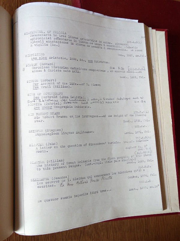 A page from Hertford's typed catalogue listing dozens of books per page, with handwritten additions.