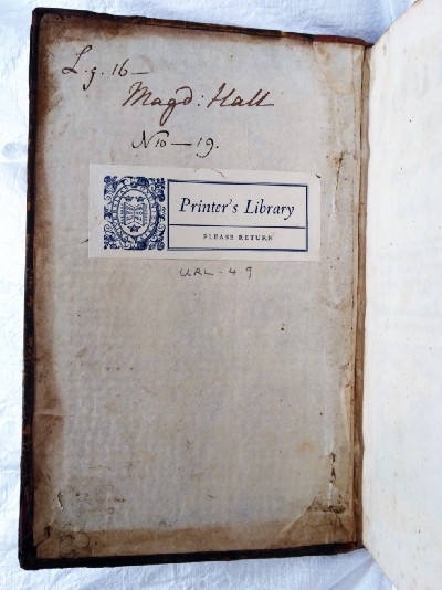 The Printer's Library bookplate on the inside of a Hertford book.