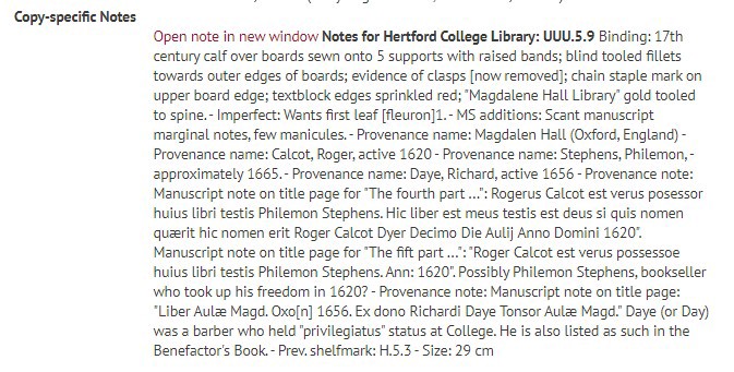 Screenshot of 17 lines of copy-specific notes in online catalogue record about provenance and binding of a rare book