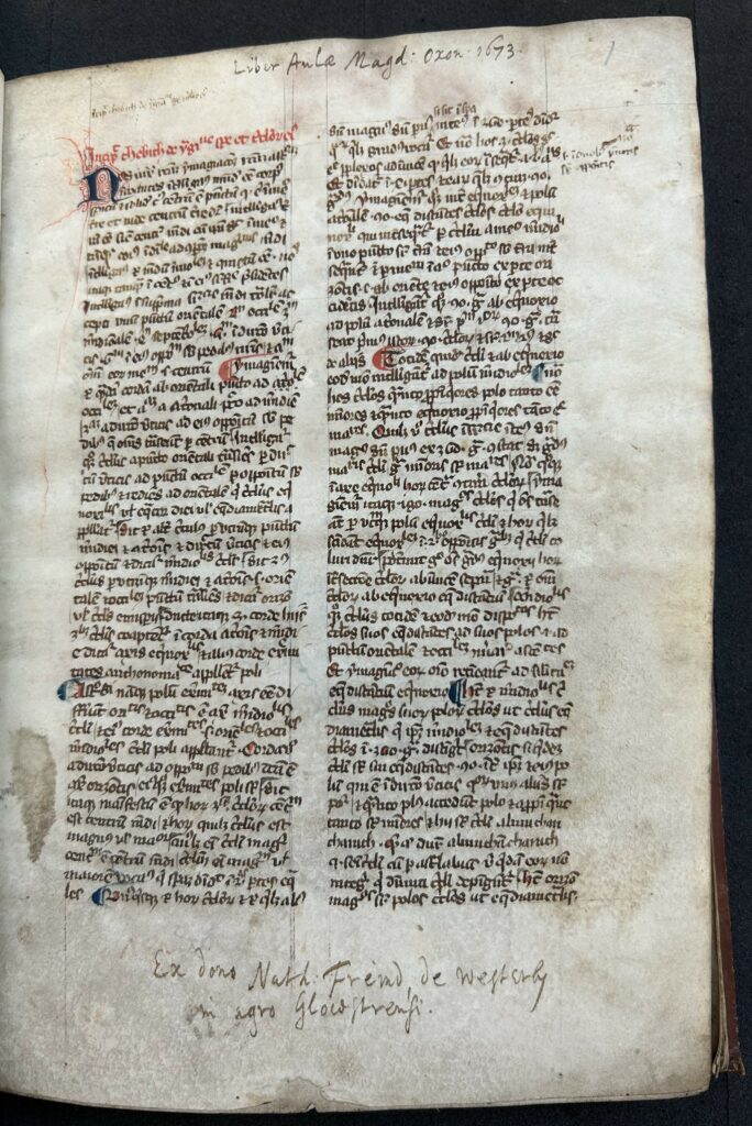 Single page of Latin manuscript in black in with first link in red in and some initials in red and blue ink. Main text is in two columns with a large margin. There is some staining on the page. At the top is an additional manuscript note: 'Liber Aula Magd: Oxon: 1673' and at the bottom the note 'Ex dono Nath. Freind de Westerly in agro Glowstrensi.'