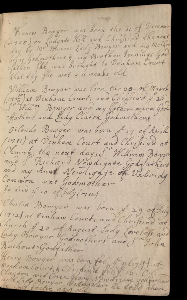Handwritten list of people in the Bowyer Family with the dates of birth from 1708 to 1714, and details of christenings and godparents.