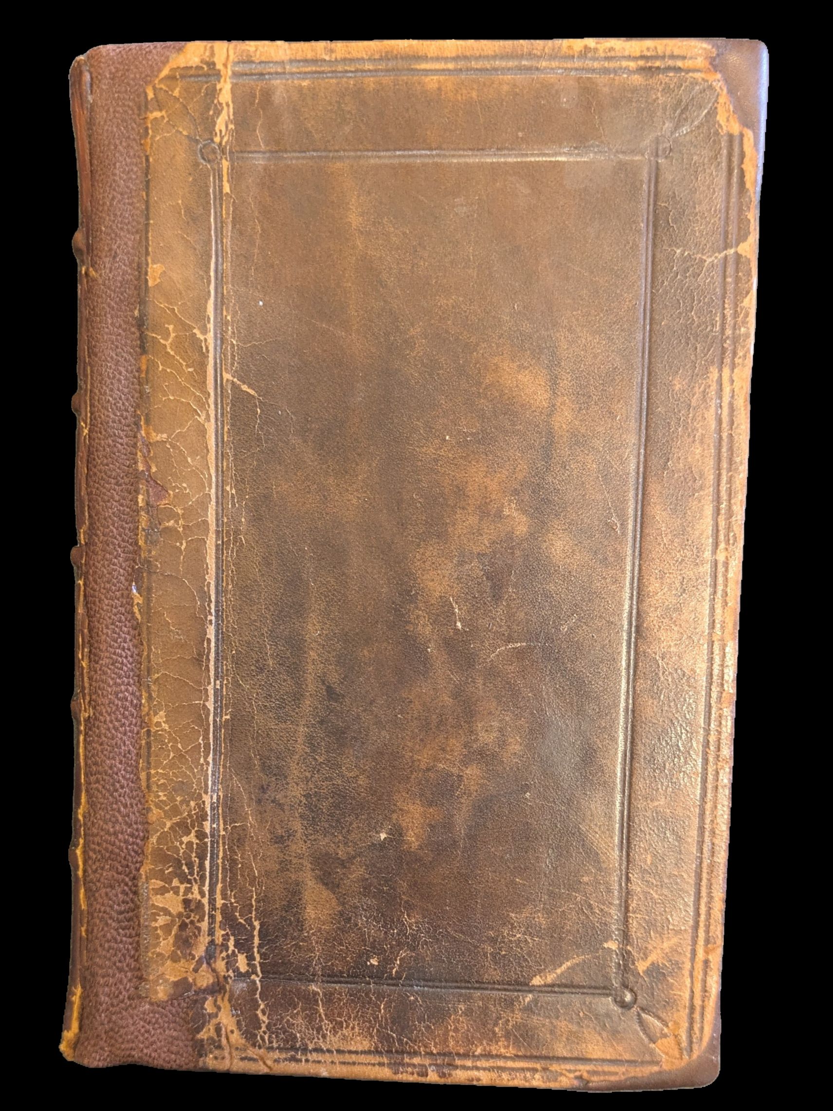 Plain brown leather cover, worn with repairs to spine