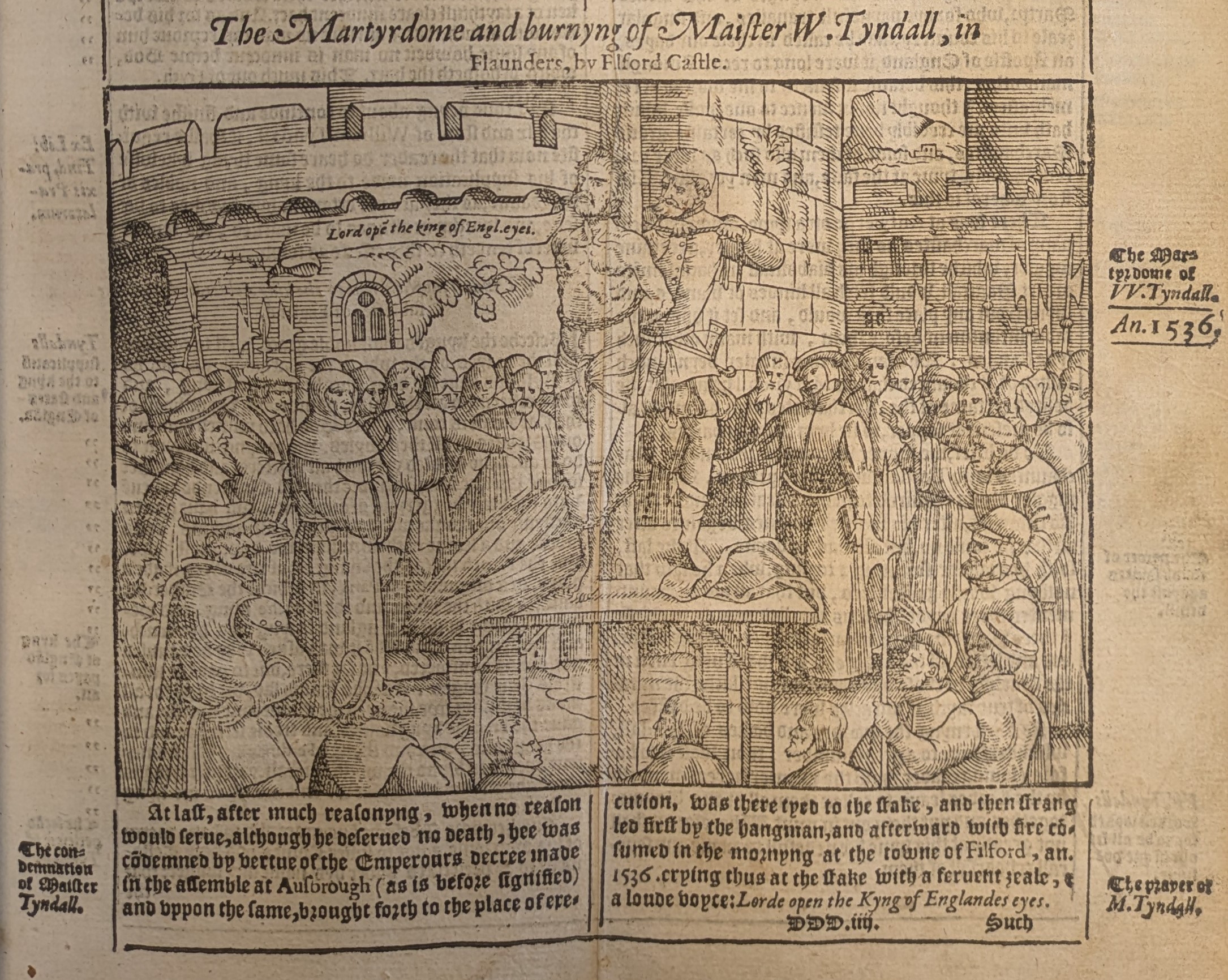 Woodcut printed image showing a crowd surrounding a bound figure being strangled. 