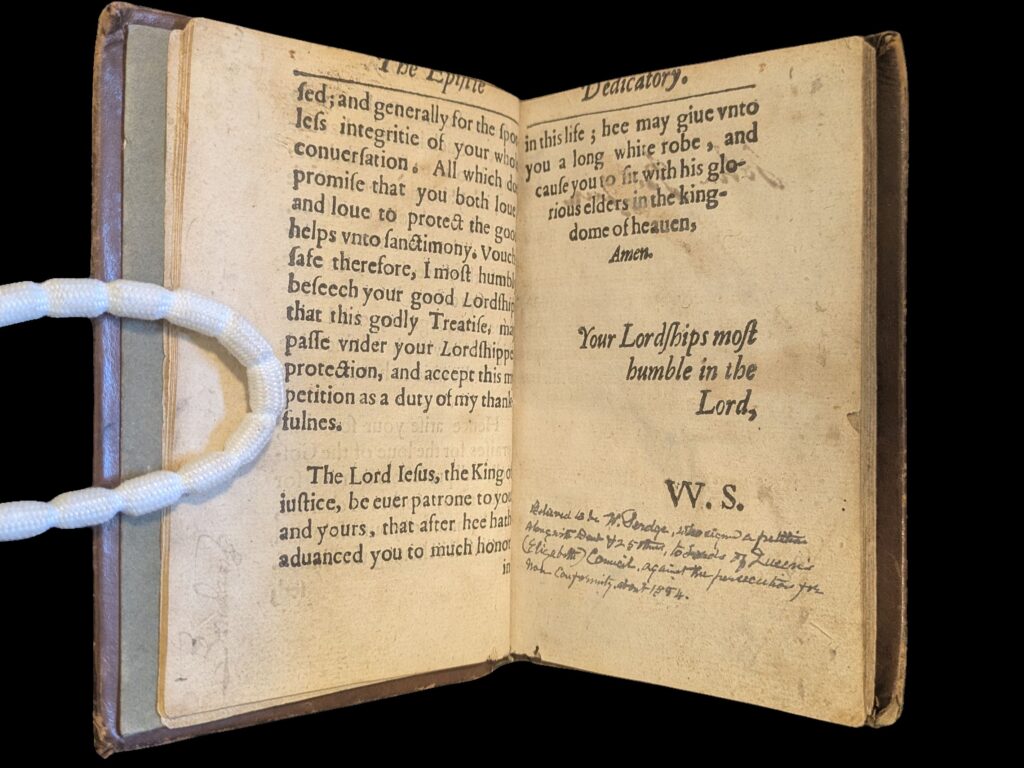 Final two printed pages of the epistle dedicatory signed W.S. with handwritten note underneath.