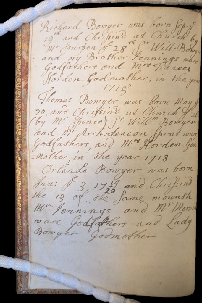 Handwritten list of people in the Bowyer Family with the dates of birth from 1715 to 1720, and details of christenings and godparents.