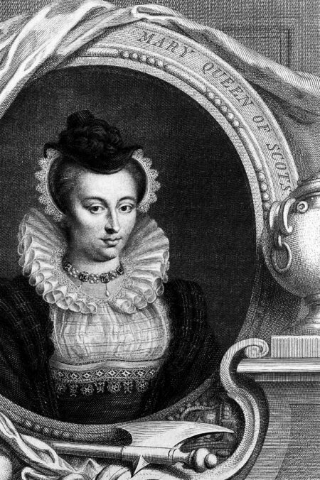 Black and white engraving of Mary Stuart in period costume. An architectural frame surrounds her including the words Mary Queen of Scots