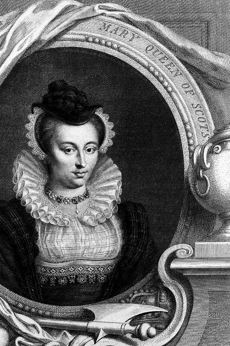 Black and white engraving of Mary Stuart in period costume. An architectural frame surrounds her including the words Mary Queen of Scots