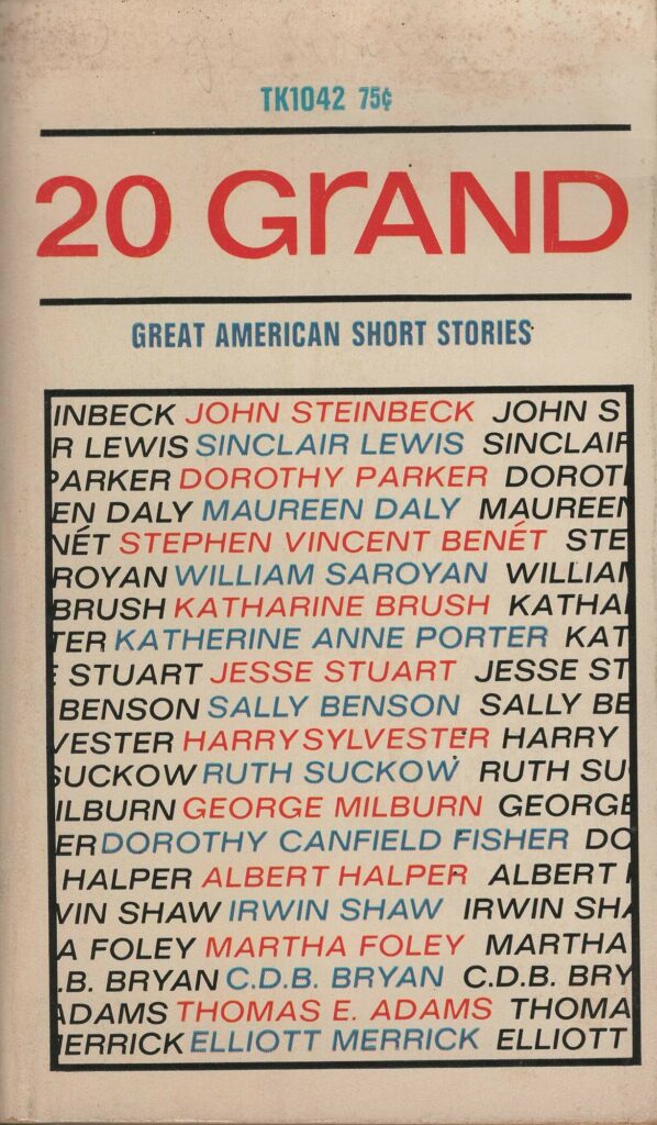 Book cover of 20 Grand: Great American Short Stories with author's names in capital italics in black, red and blue
