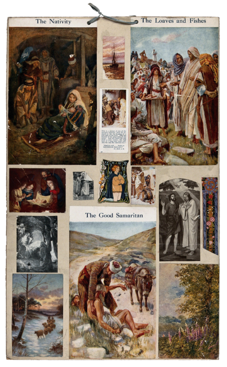 A collage of coloured images showing scenes from the Bible