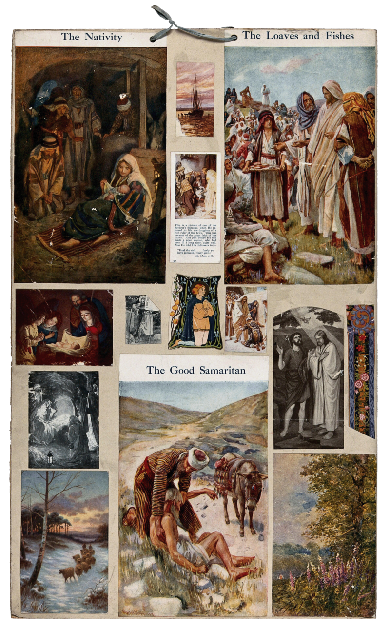 A collage of coloured images showing scenes from the Bible