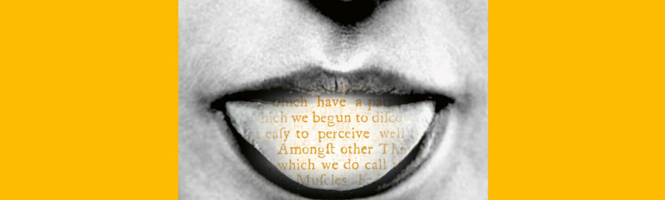Part of the poster advertising the free Sensational Books exhibition at the Weston Library. The image depicts a human tongue with words written across it.