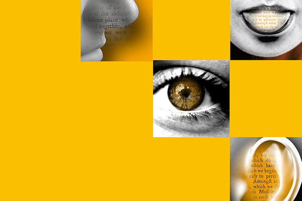 Image depicting four human senses,; smell, taste, hearing and sight. Text is written across the images.