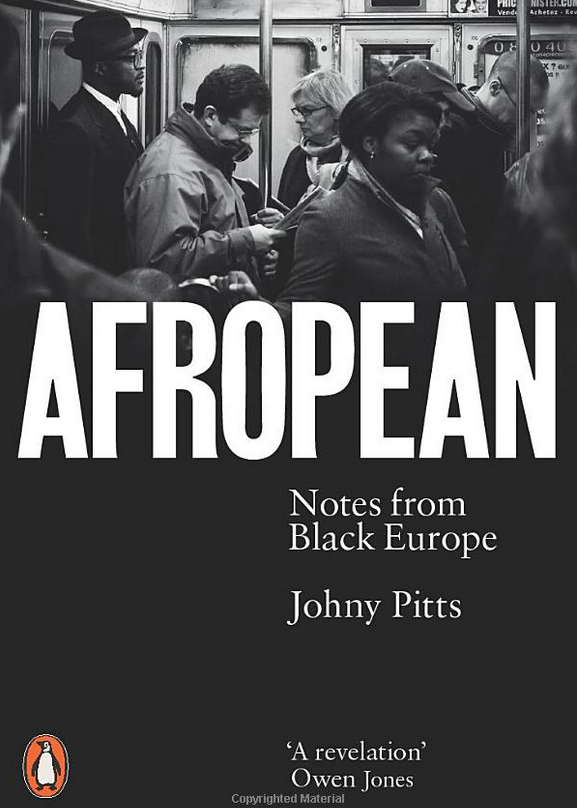 Front cover, in black and white, of the book 'Afropean' Notes from Black Europe by Johny Pitts. The image on the cover is of a group of diverse people on an underground train or subway.