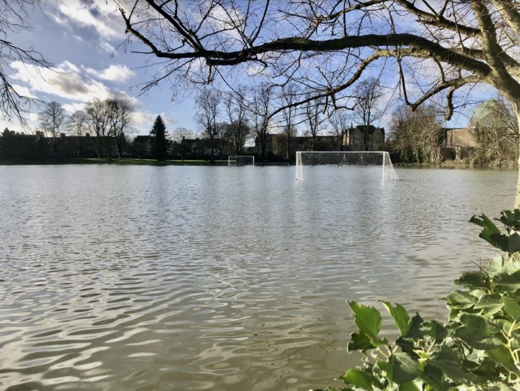 Photograph of a flooded football pitch taken by E M. Ford at Brasenose College Sports Grounds, Oxford (2021)