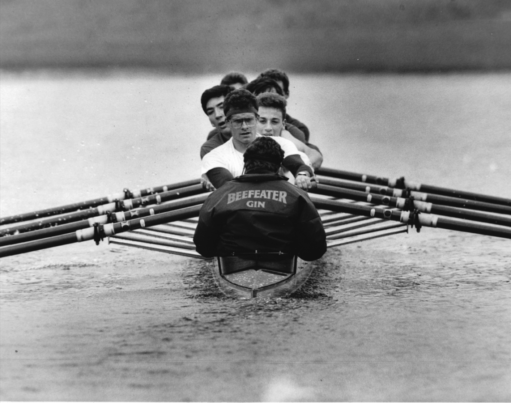 Photograph of Paul rowing at Oxford witrh his crew, given to Hertford by Paul's family. The photo is named 'Paul at stroke'.