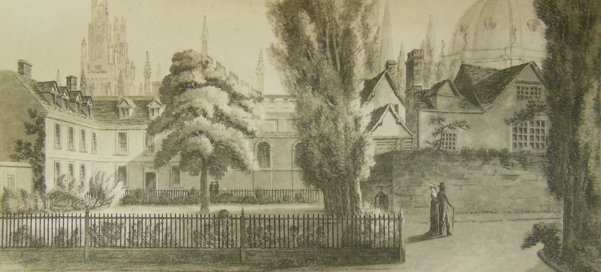 Image of Hertford College showing buildings and trees