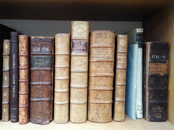 A selection of the books on the shelves, with distinctive added publication date in gold at the base of their spines.