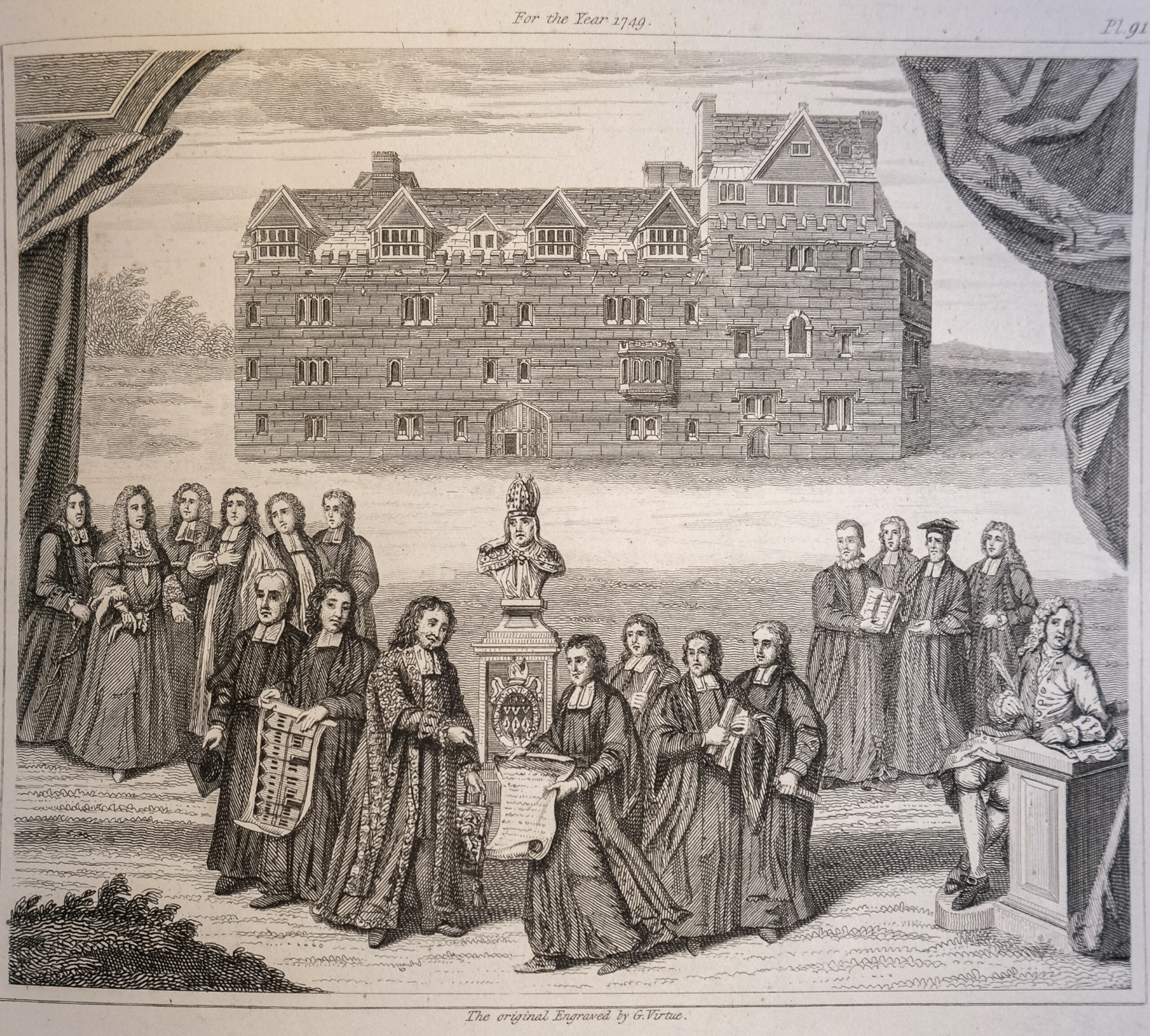 Black and white engraving. Representation of Magdalen Hall’s key figures, with Henry Wilkinson holding his plans for the library and Josiah Pullen on his left.