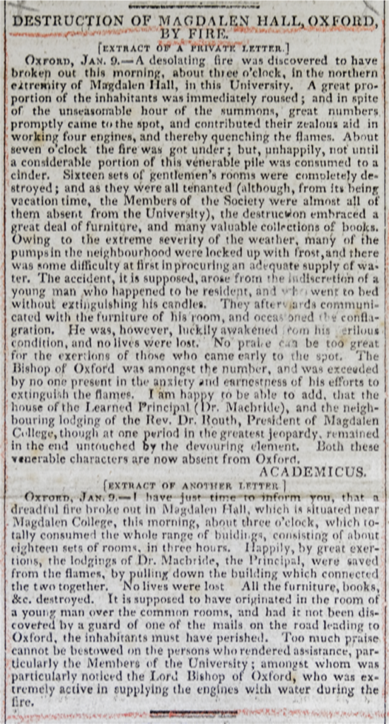 Newspaper cutting entitled 'Destruction of Magdalen Hall, Oxford, by Fire'.