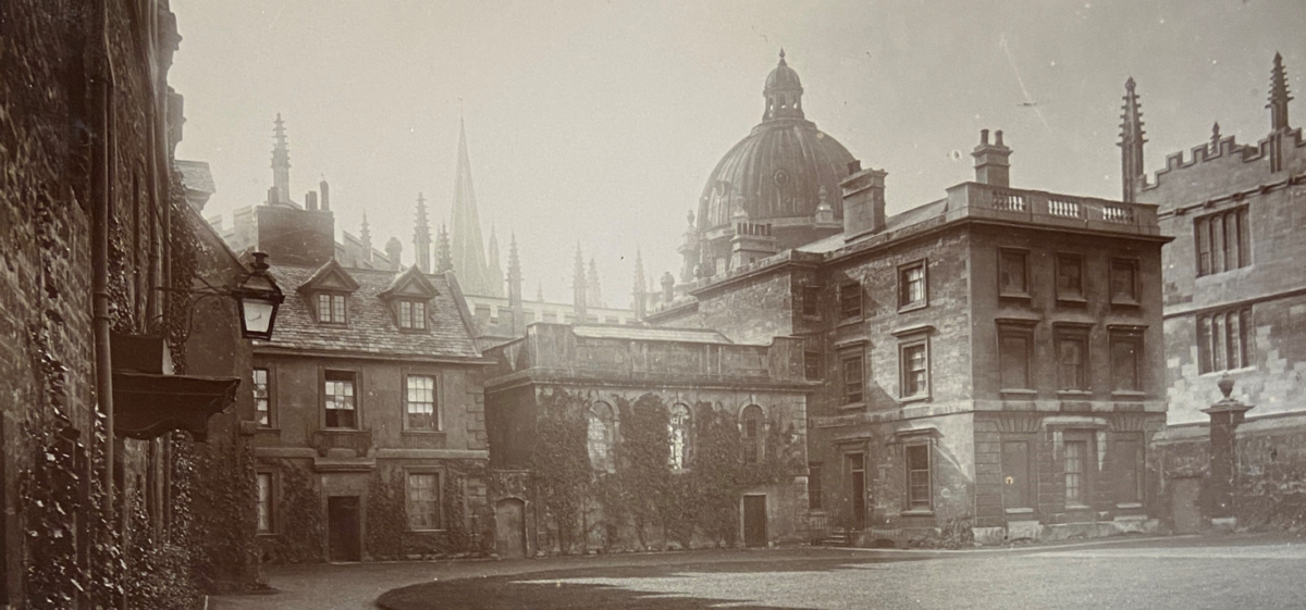 19th century photography of Hertford quad showing library building with Radcliffe Camera in background