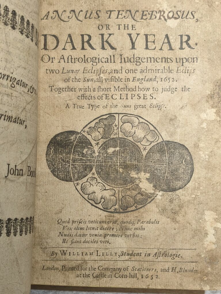Title page of 'Annus Tenebrosus, or The Dark Year' (1652). Includes printed illustration of an eclipse.