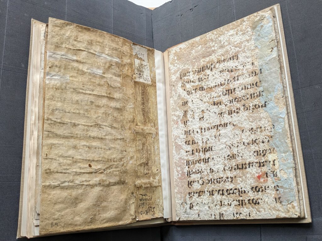 An outer binding and the damaged inner board of an earlier item. The inner board has a large manuscript writing in black and red.