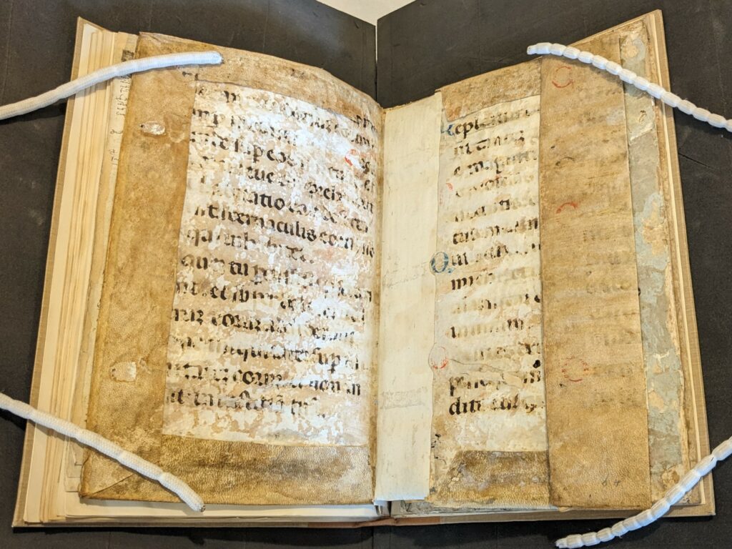 Inner sides of a recycled binding showing damaged manuscript in black and red. 
