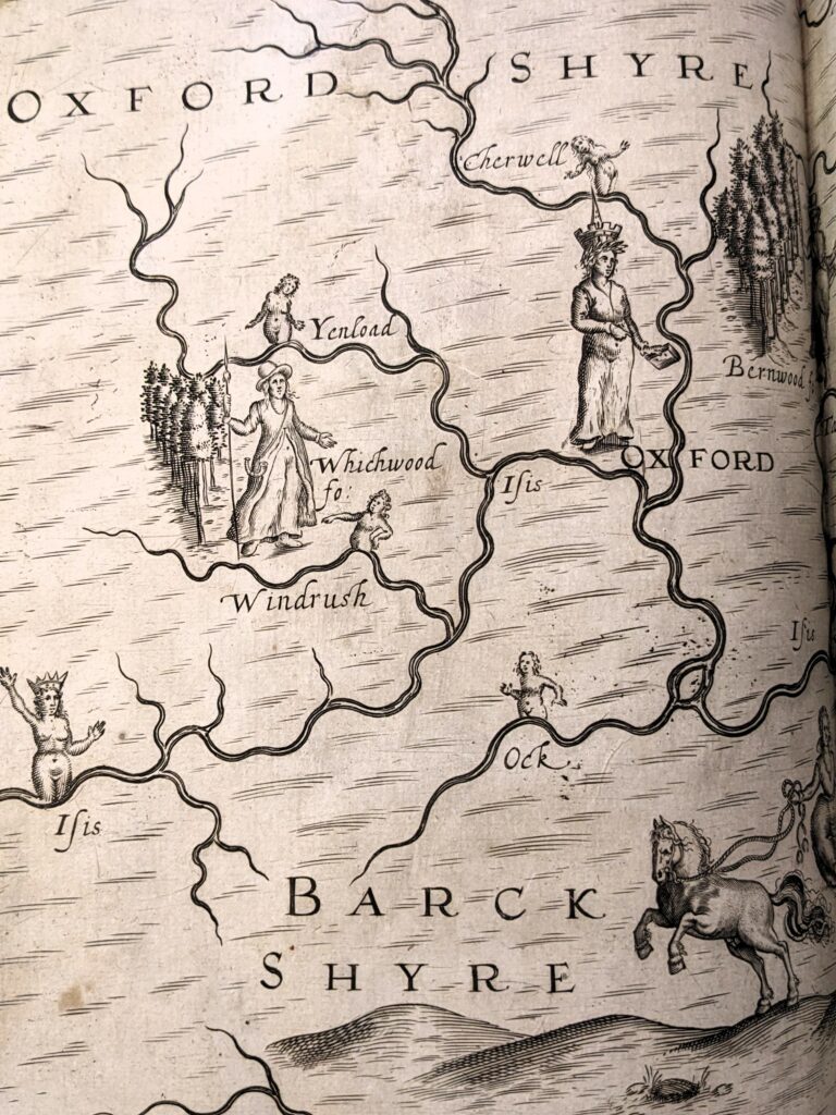 Close up of engraved image from Poly-Olbion showing part of a map of Oxfordshire. The rivers are drawn and named and accompanied by human figures. 