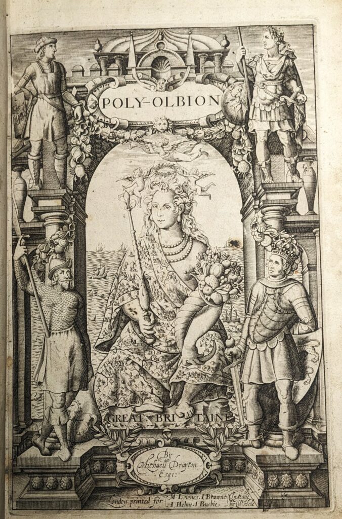 Illustrated frontispiece to Poly-Olbion showing a seated woman decorated in a map of England and with sea in the background. 