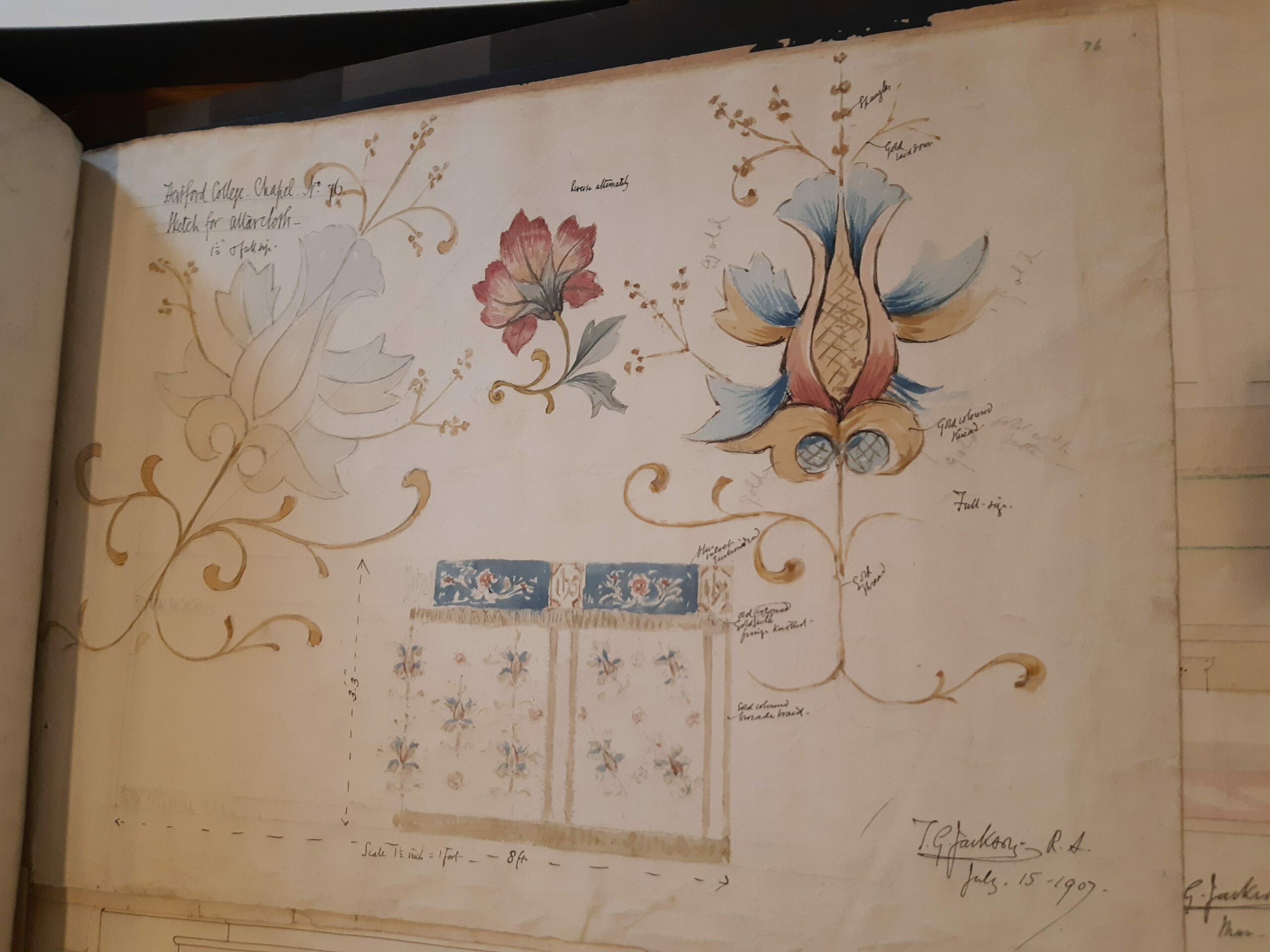 A page from the Jackson drawings, showing a close-up detail of an altar cloth in blue red and gold.