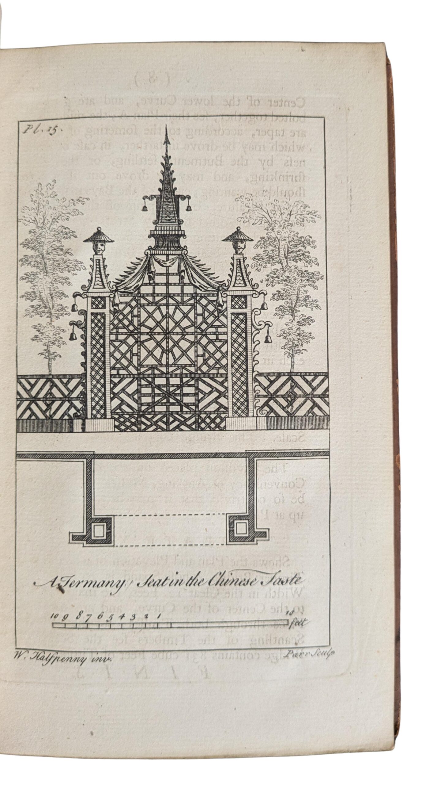 Text: a termany seat in the Chinese taste.Top half of page shows complex geometric pattern bench design in black ink and bottom half shows scale and floorplan