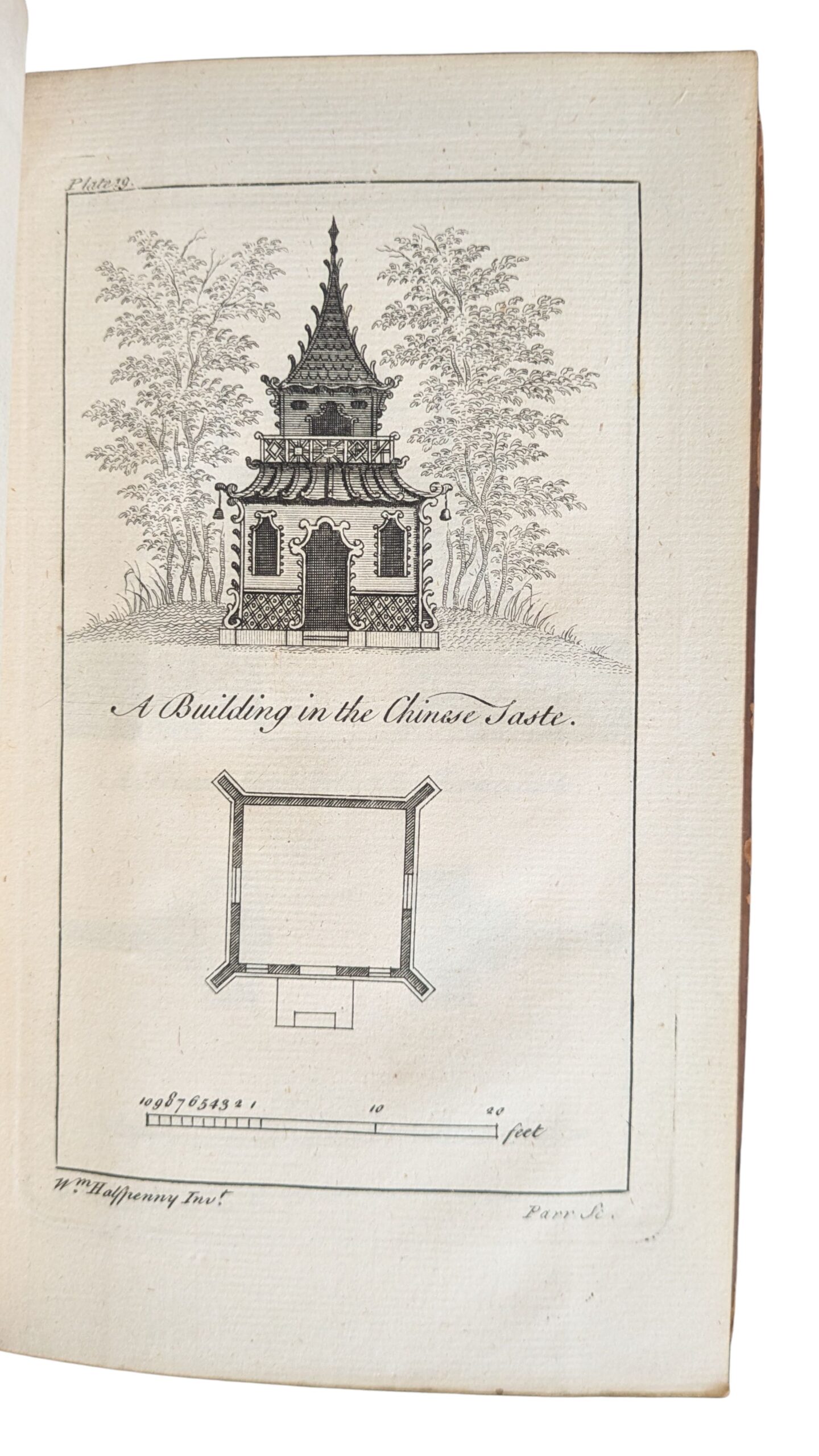 Text: a building in the Chinese taste. Top half of page shows temple building design in black ink and bottom half shows scale and floorplan