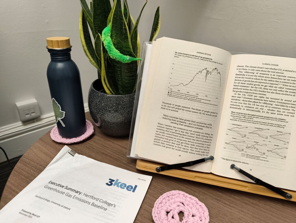 World on houseplant next to reusable water bottle and a book on climate change and a copy of Hertford's Greenhouse Gas Emissions Study